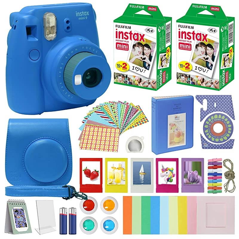 Instax Mini 9 - Instant Camera Cobalt Blue with Carrying Case + Fuji Instax Film Value Pack (40 Sheets) Accessories Bundle, Color Filters, Photo Album, Assorted Frames, Selfie Lens + More