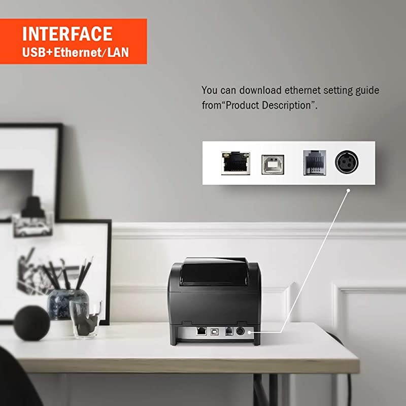 POS Printer, Receipt Printer USB Ethernet 80MM Thermal Printer P047, Impresora termica, Black Supermarket POS Kitchen Printer with Auto Cutter Support Cash Drawer ESC/POS Windows System