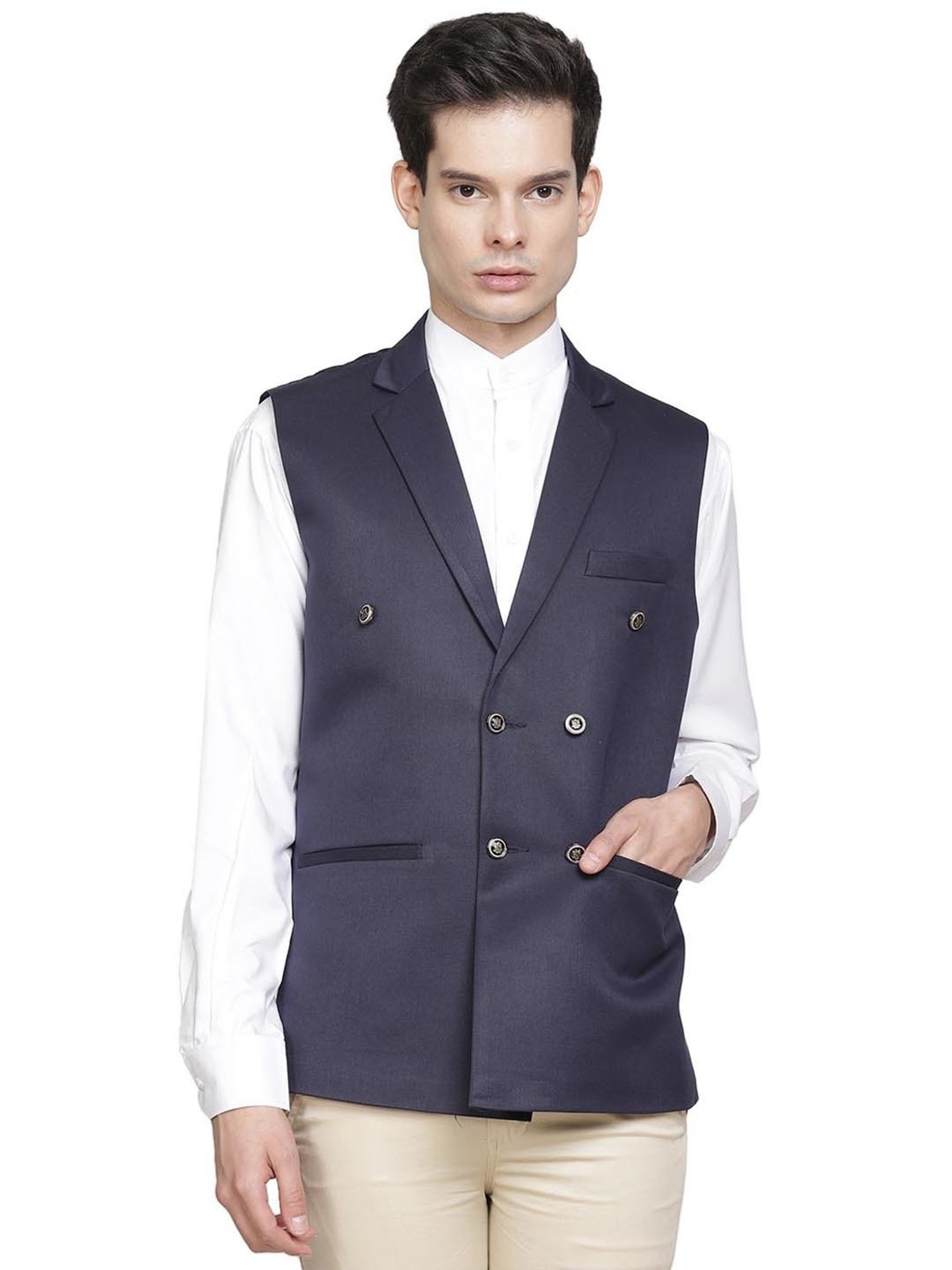 TAHVO Navy Cotton Slim Fit Waistcoat