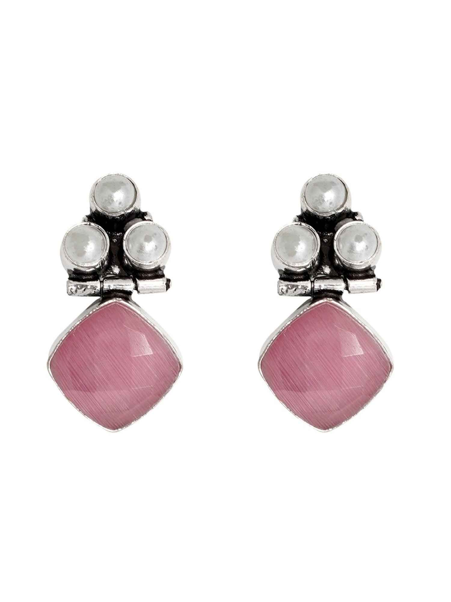 Teejh Ethnic Delisha Pink Stone Silver Oxidized Drop Earrings