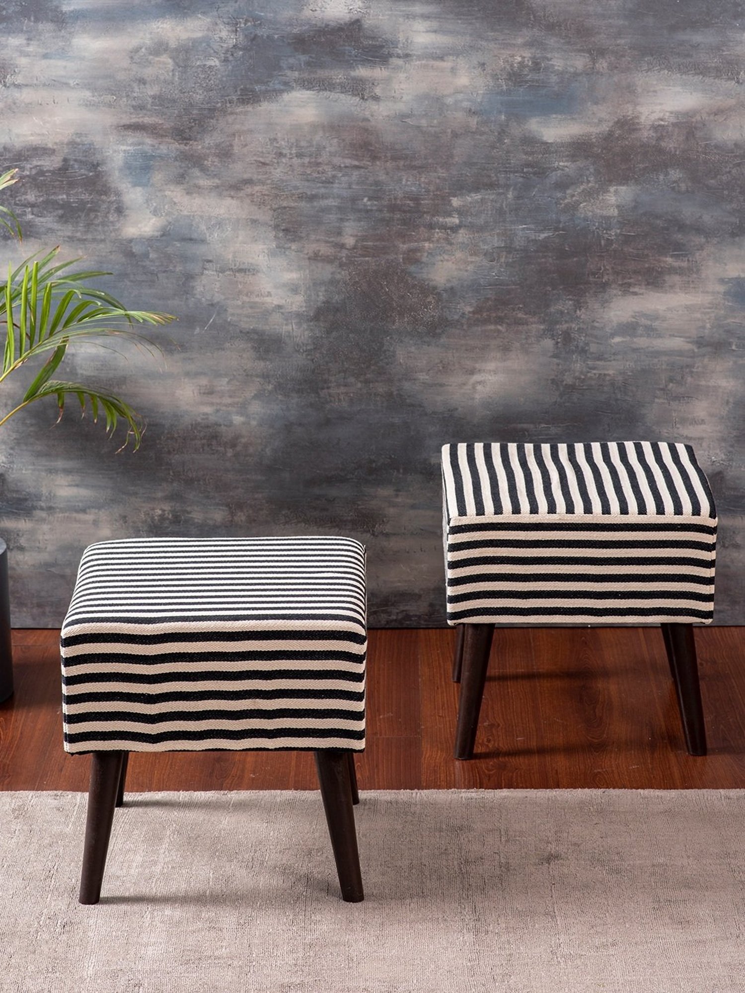 Nestroots Printed Black Cotton Canvas Center Benche - Set of 2