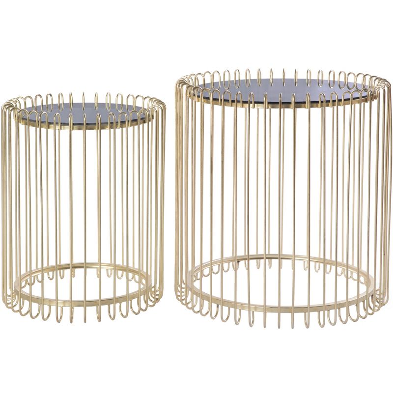 Bold Tones Set of 2 Modern Round Gold Metal End Table Set with Smoked Glass Top