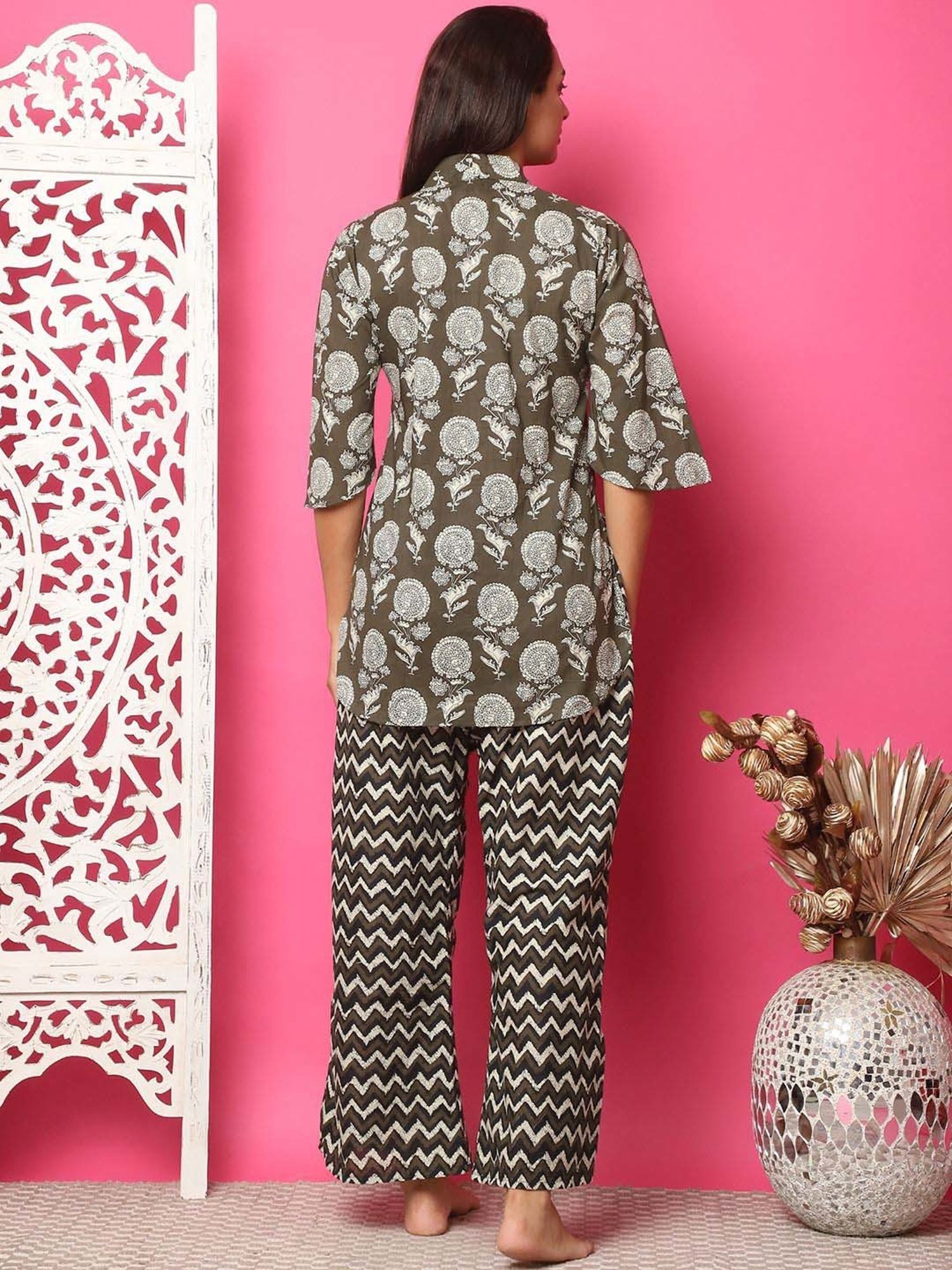 TAG 7 Brown Cotton Printed Top Pyjamas Set