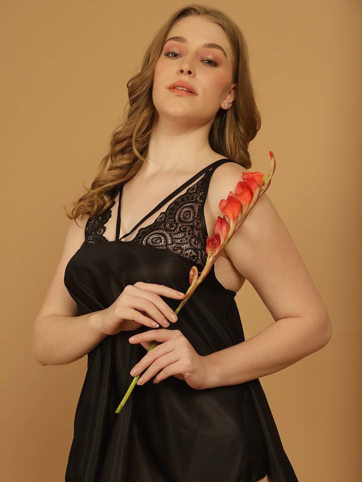 Stylee LIFESTYLE Black Lace Work Babydoll With Brief