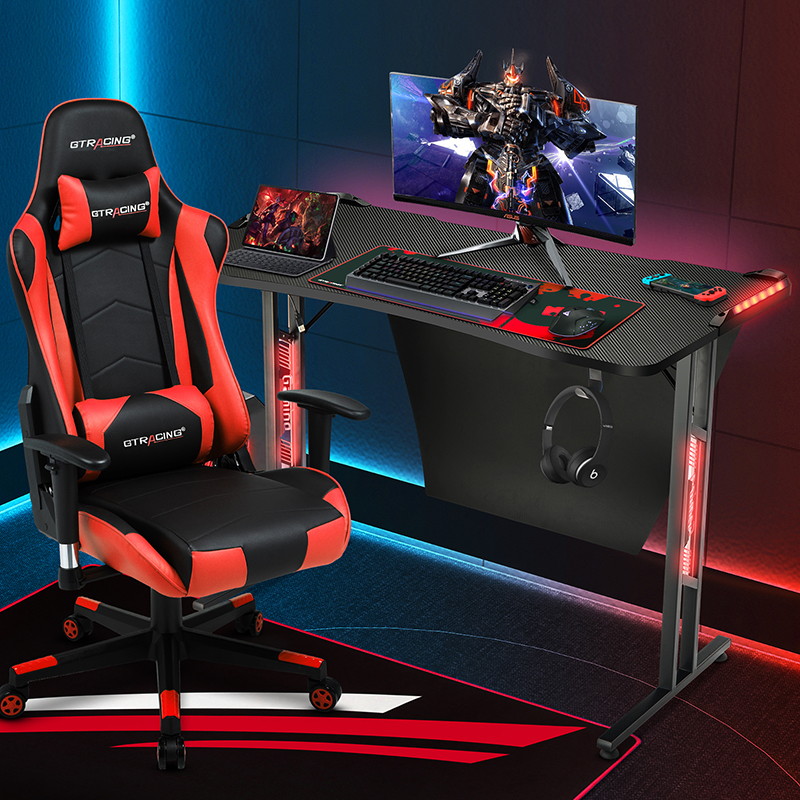 GTRACING Gaming Desk Computer Desk Racing Style Office Table Study Writing Table T Shaped Game Station for Home Office with Cup Holder, Headphone Hook and Privacy Baffle