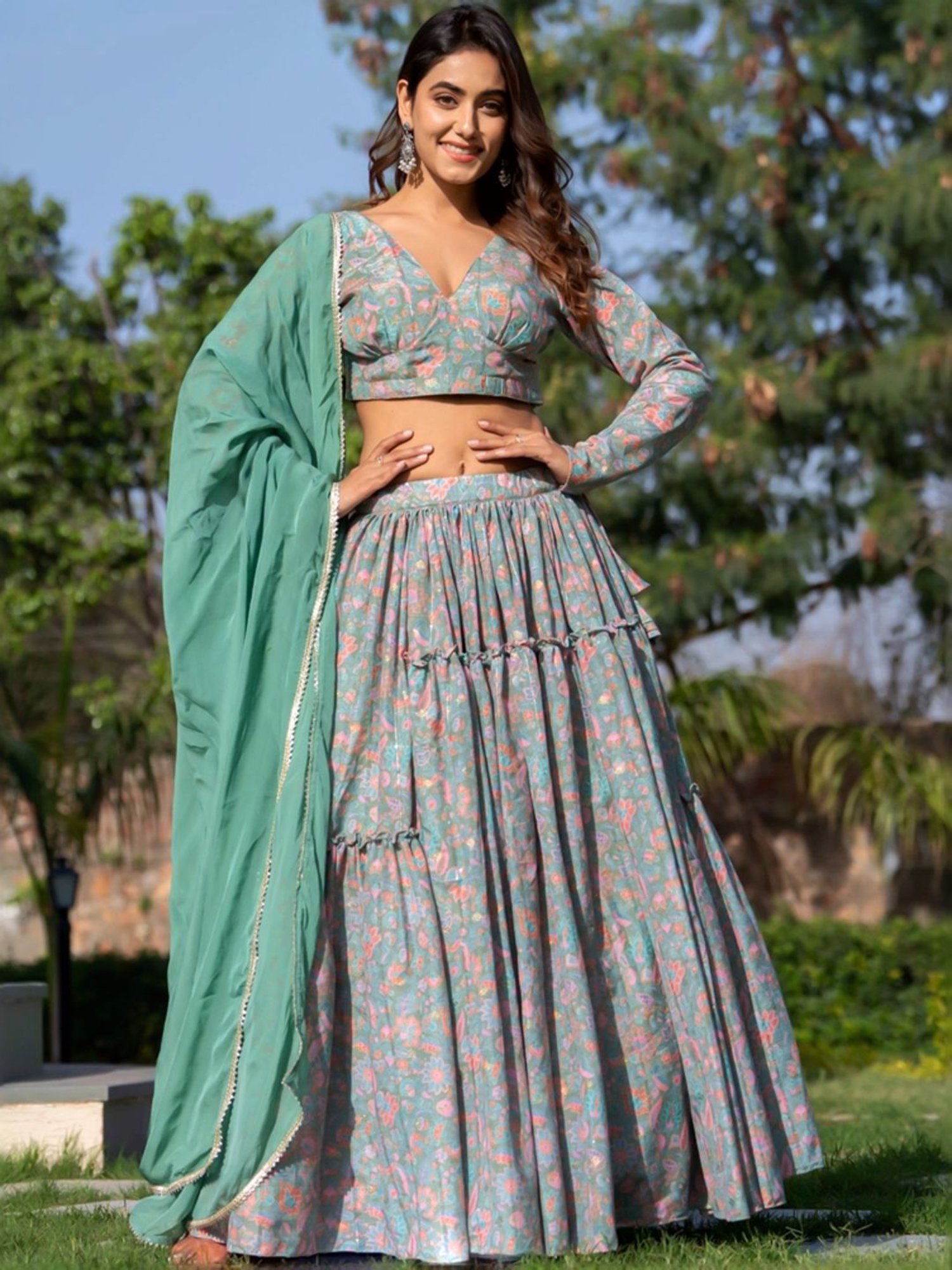 HOUSE OF JAMOTI Green Printed Lehenga Choli Set With Dupatta