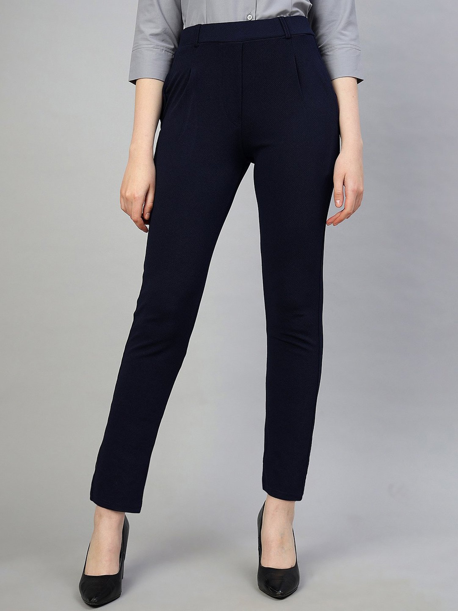 FITHUB Navy Slim Fit High Rise Trousers