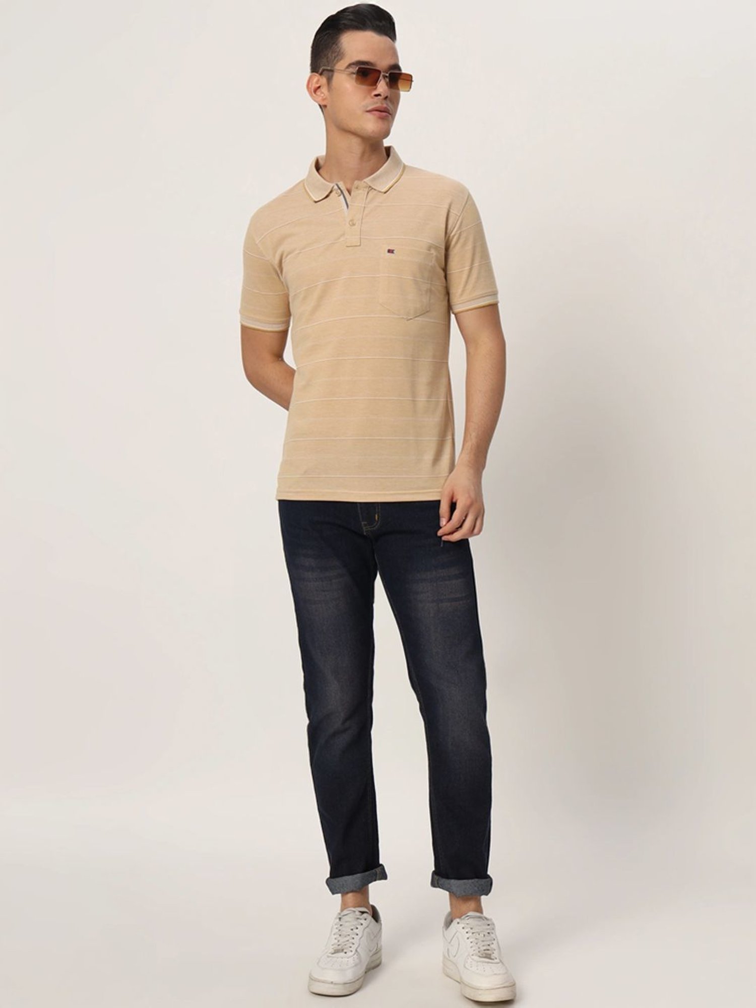 Tab91 Beige Regular Fit Striped Polo T-Shirts