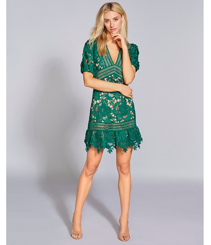 Adelyn Rae Plunge V-Neck Lace Short Sleeve A-Line Mini Dress