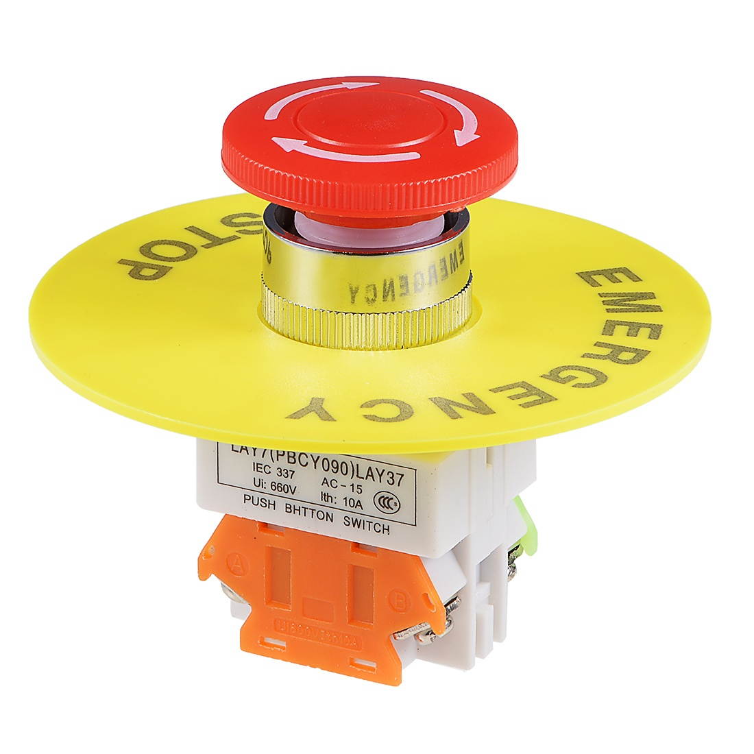 22mm Mounting Hole Latching Emergency Stop Push Button Switch Red With 90mm Emergency Stop Sign 1NO 1NC