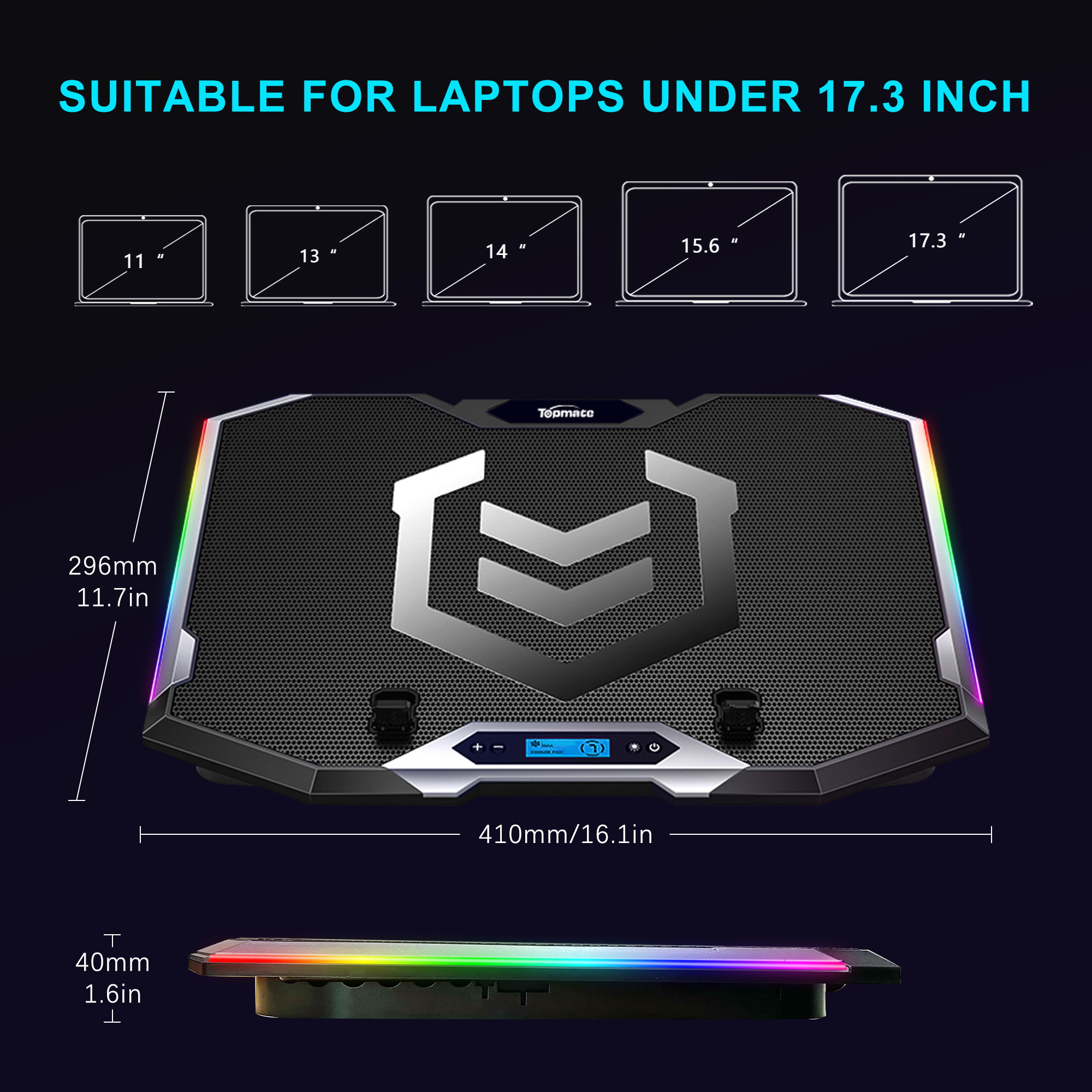 TopMate C11 Laptop Cooling Pad RGB Gaming Notebook Cooler, Laptop Fan Cooling Stand Adjustable Height with 6 Quiet Fans Blue LED Light, MacBook Chill Mat with Phone Stand, for 15.6-17.3 Inch Laptops