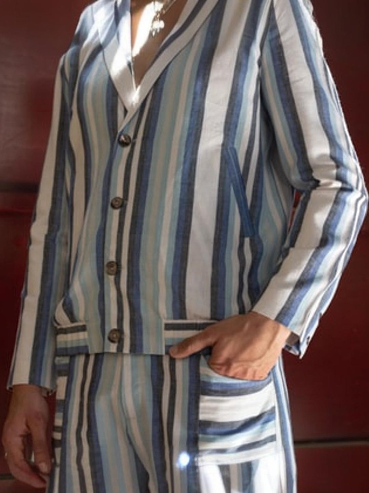 Anushe Pirani Blue & White Fika Buttoned Bomber Jacket