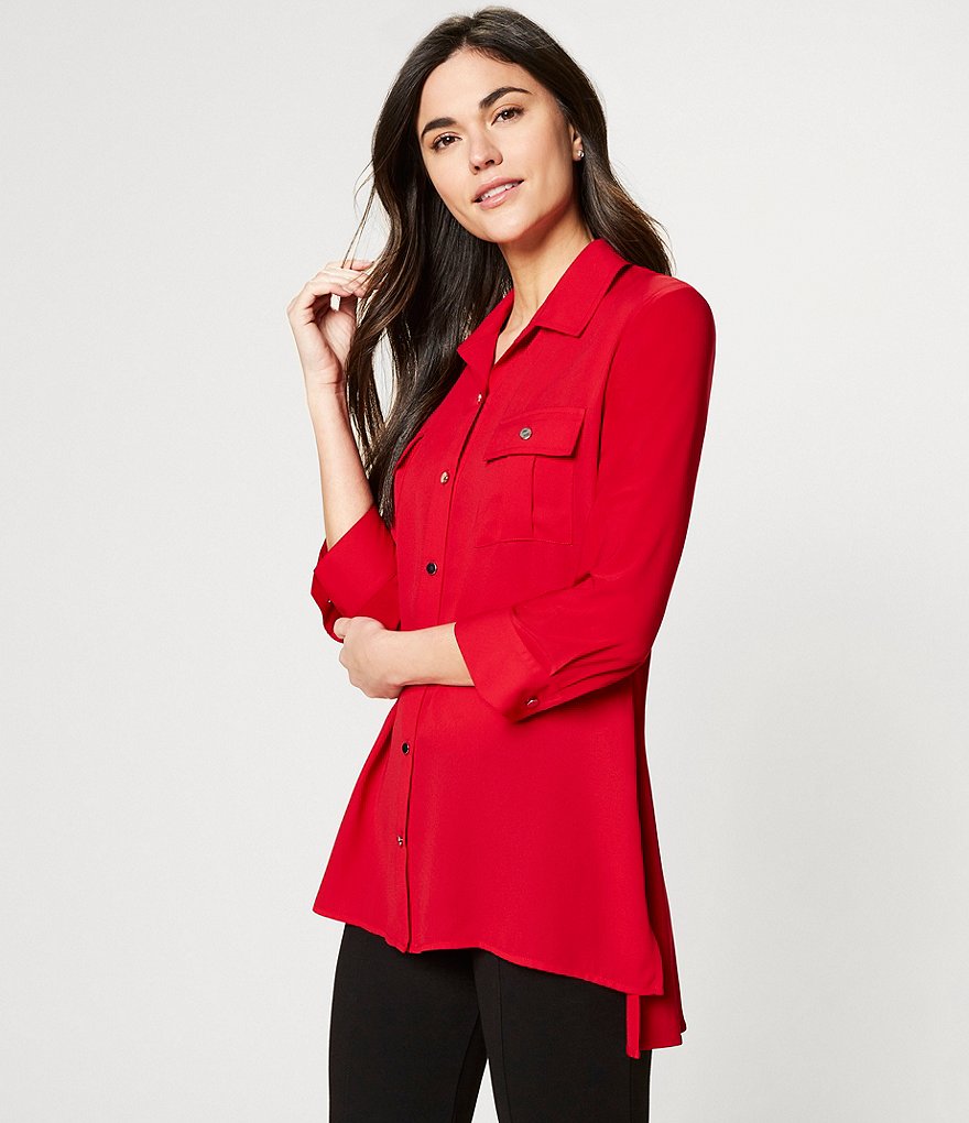 Slim Factor by Investments Bridget 3/4 Sleeve Button Front Hi-Low Top