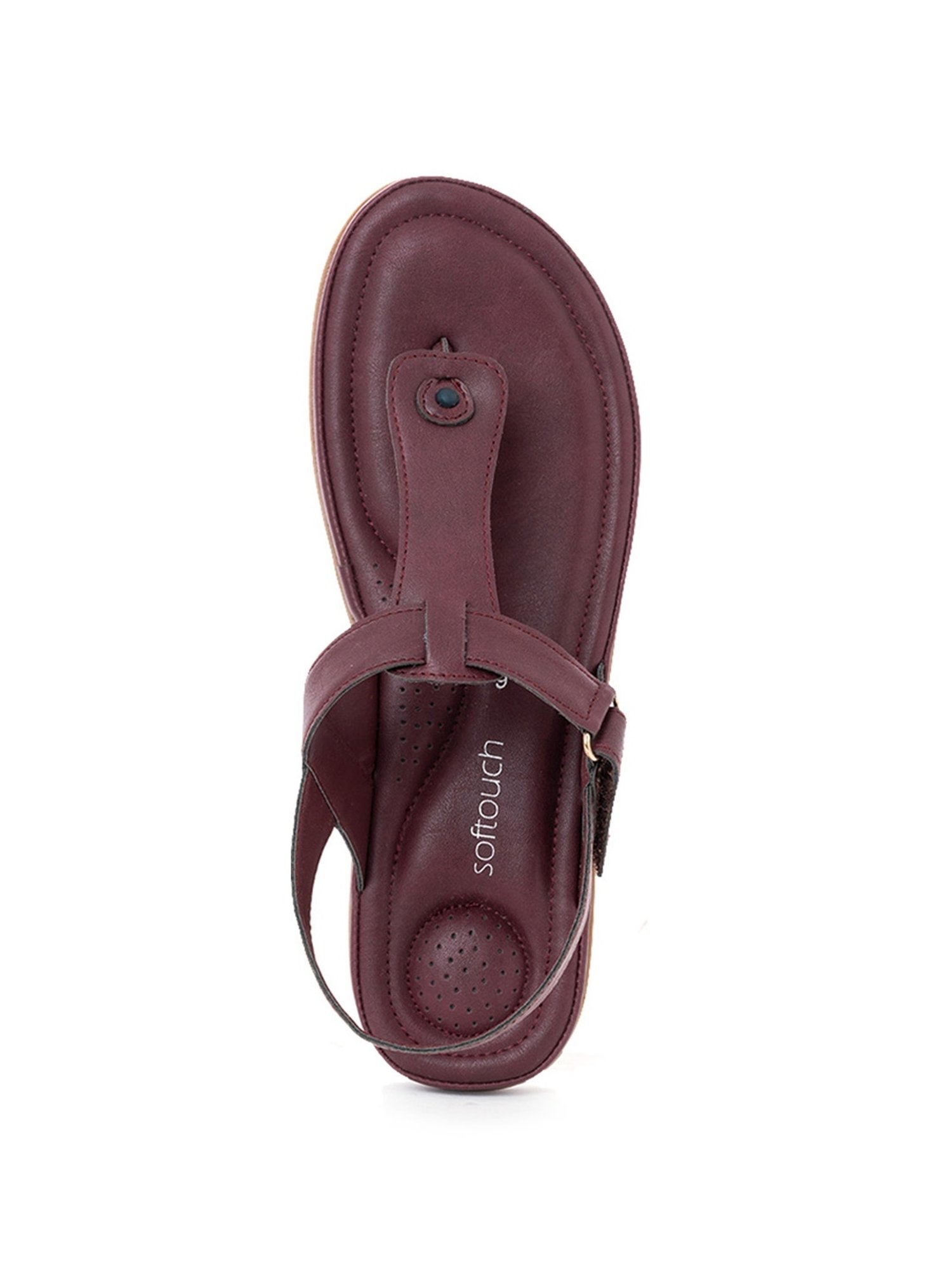 Softouch by Khadims Women's Maroon T-Strap Sandals
