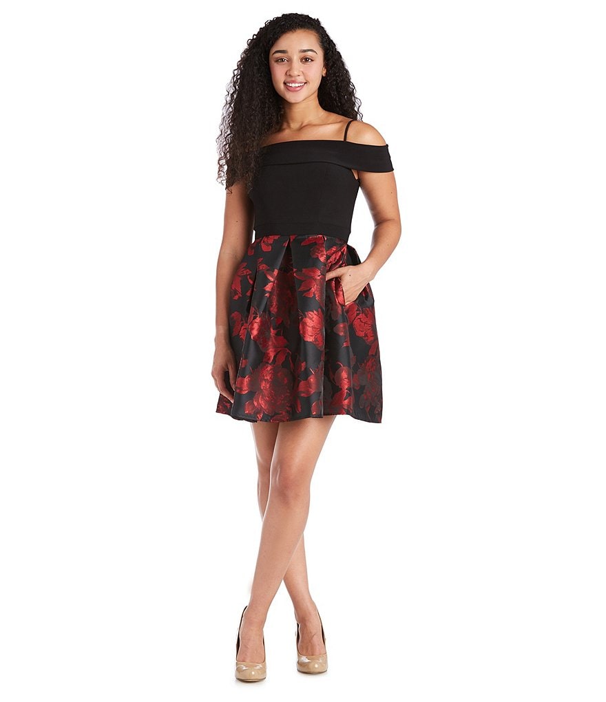 Morgan & Co. Off-The-Shoulder Bodice with Jacquard Skirt Dress