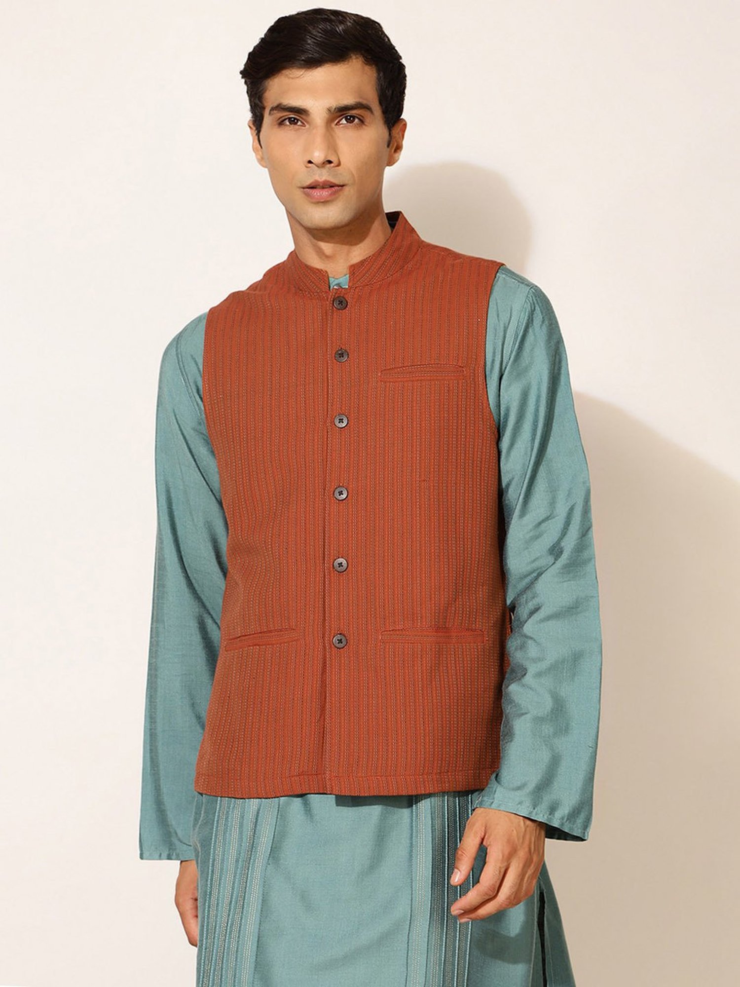 Fabindia Orange Cotton Regular Fit Striped Nehru Jacket