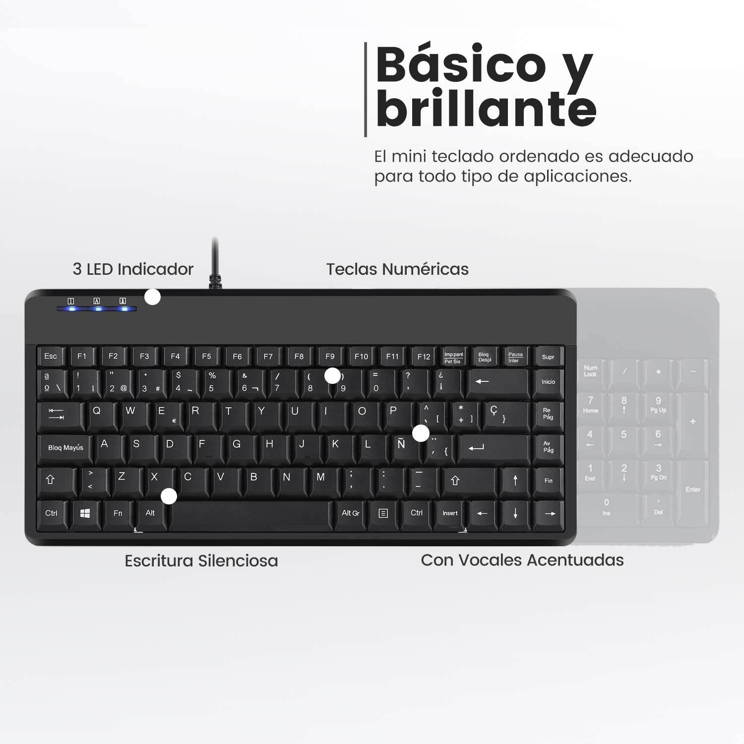 Perixx PERIBOARD-409U ES - Mini USB Teclado - Negro Brillante - QWERTY Espa&ntilde;ol