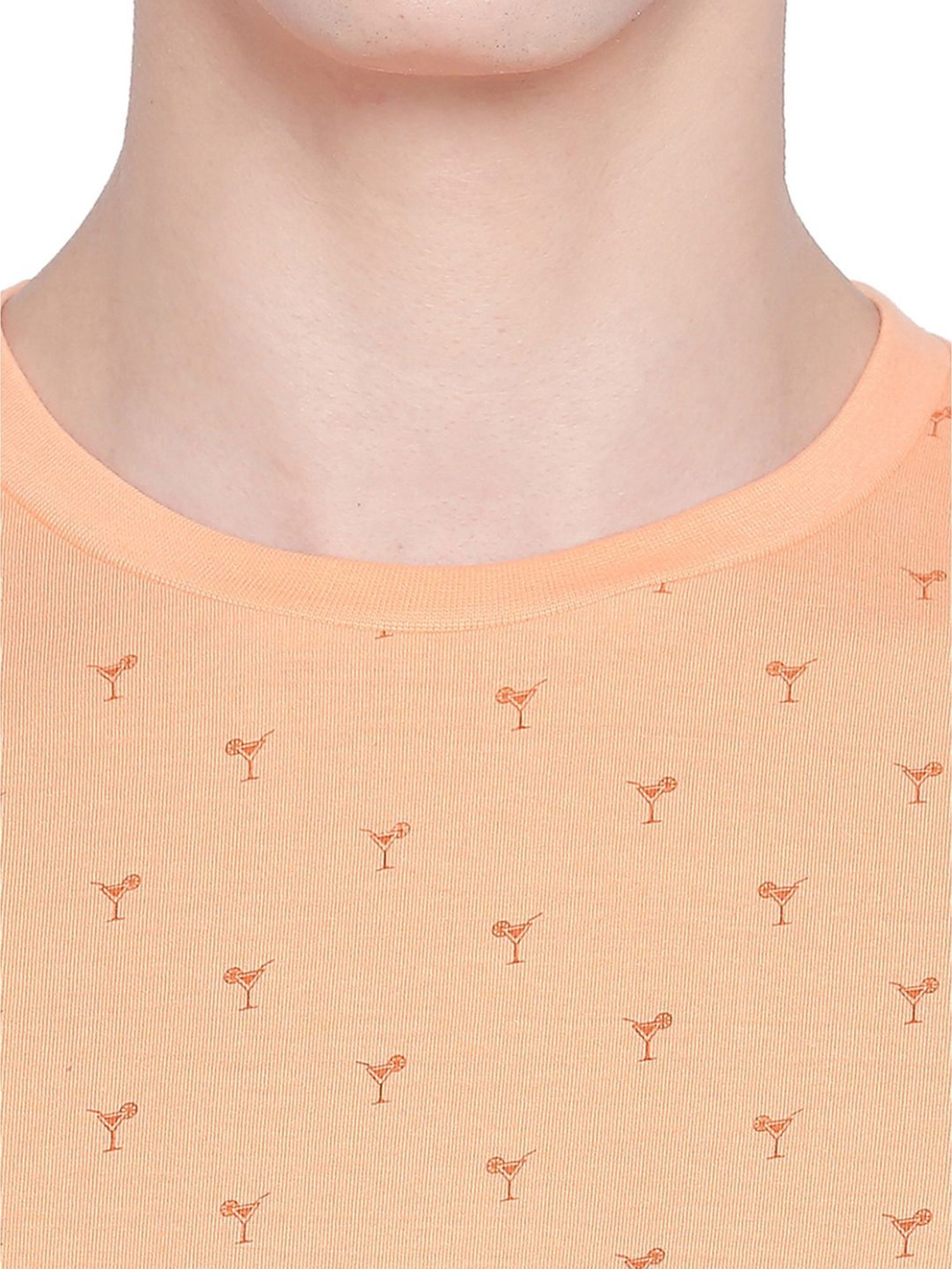 Basics Peach Cotton Slim Fit Printed T-Shirt