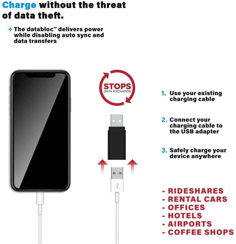 Eyebloc Databloc USB Data Blocker - Charge Only Adapter to Block Data and Stop Syncing for Smartphones and Tablets, Quick Charge Compatible (2 Pack, Black)