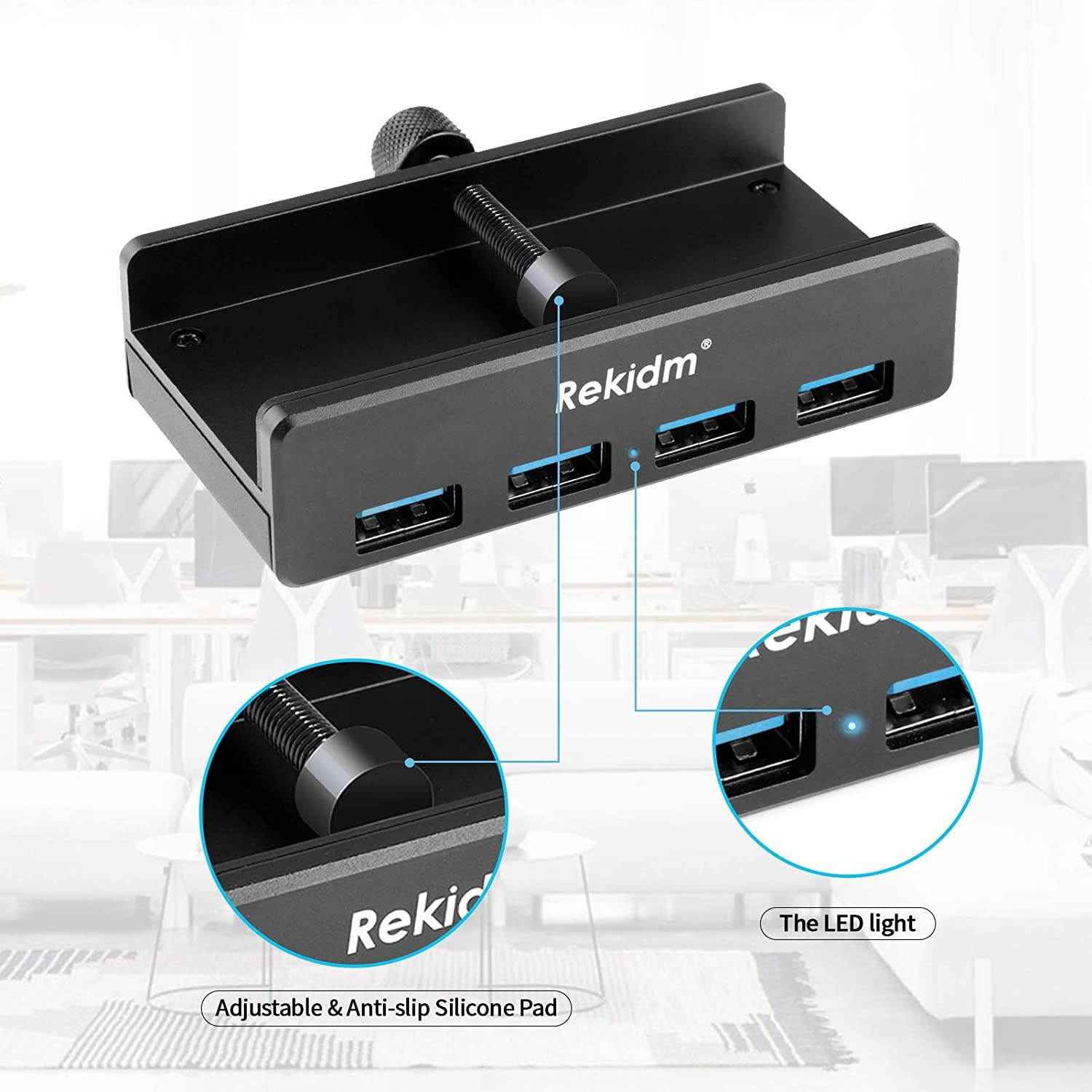 USB Hub 3.0 - Rekidm 4 Port Aluminum USB 3.0 Hub Clamp Design for Desktop Computer PC Table Edge with Durable Adjustable Clip Compact Space-Saving Mountable Desk USB Hub Fast Speed Transfer Black