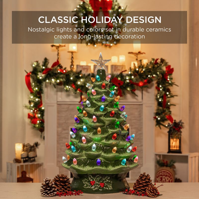 Best Choice Products 24in X-Large Pre-Lit Ceramic Christmas Tree Battery-Powered Decoration w/ LED Light, Timer - Green