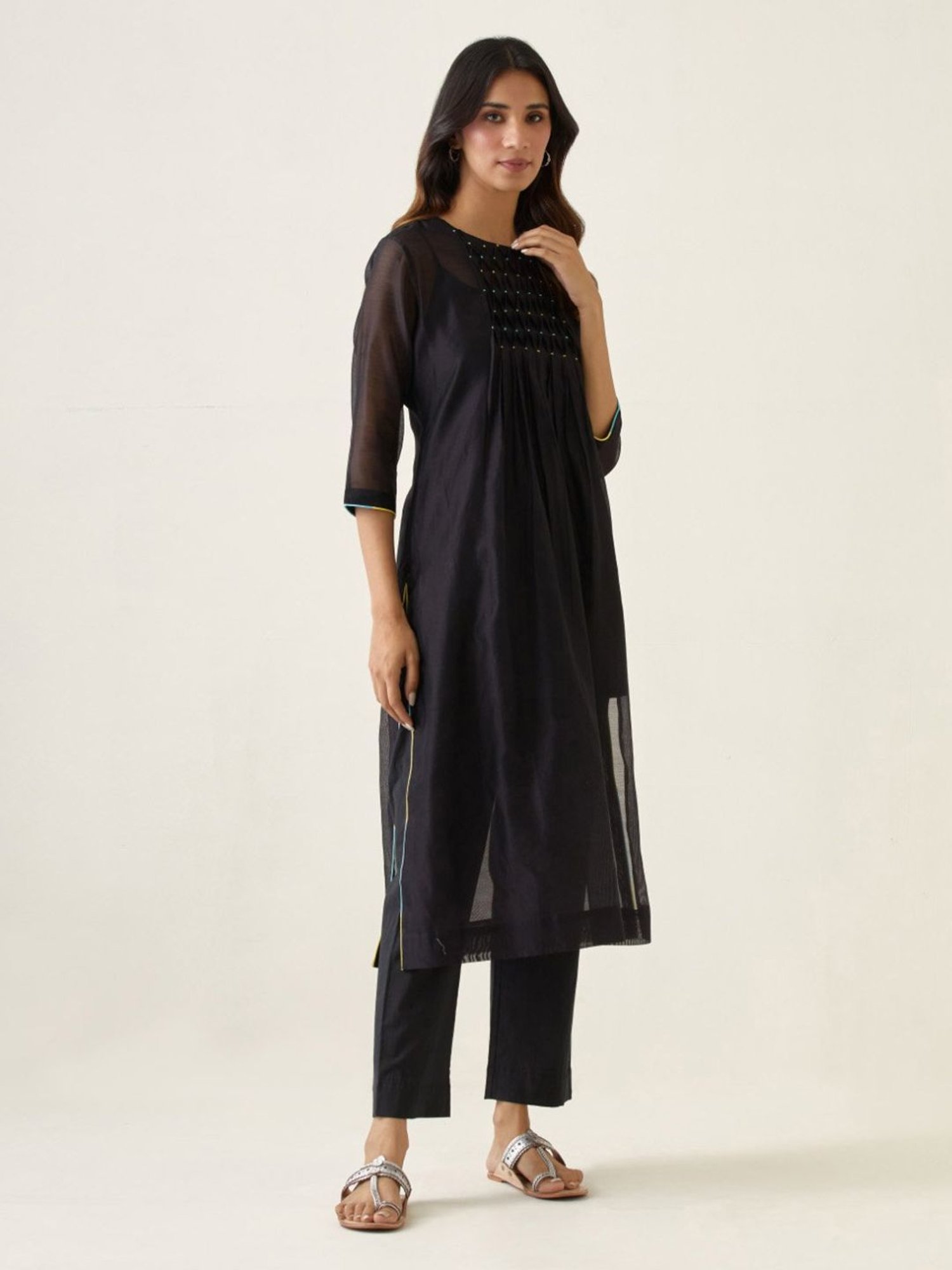 Vinusto Black, Blue & Yellow Summer Nostalgia Kurta with Cami and Pant