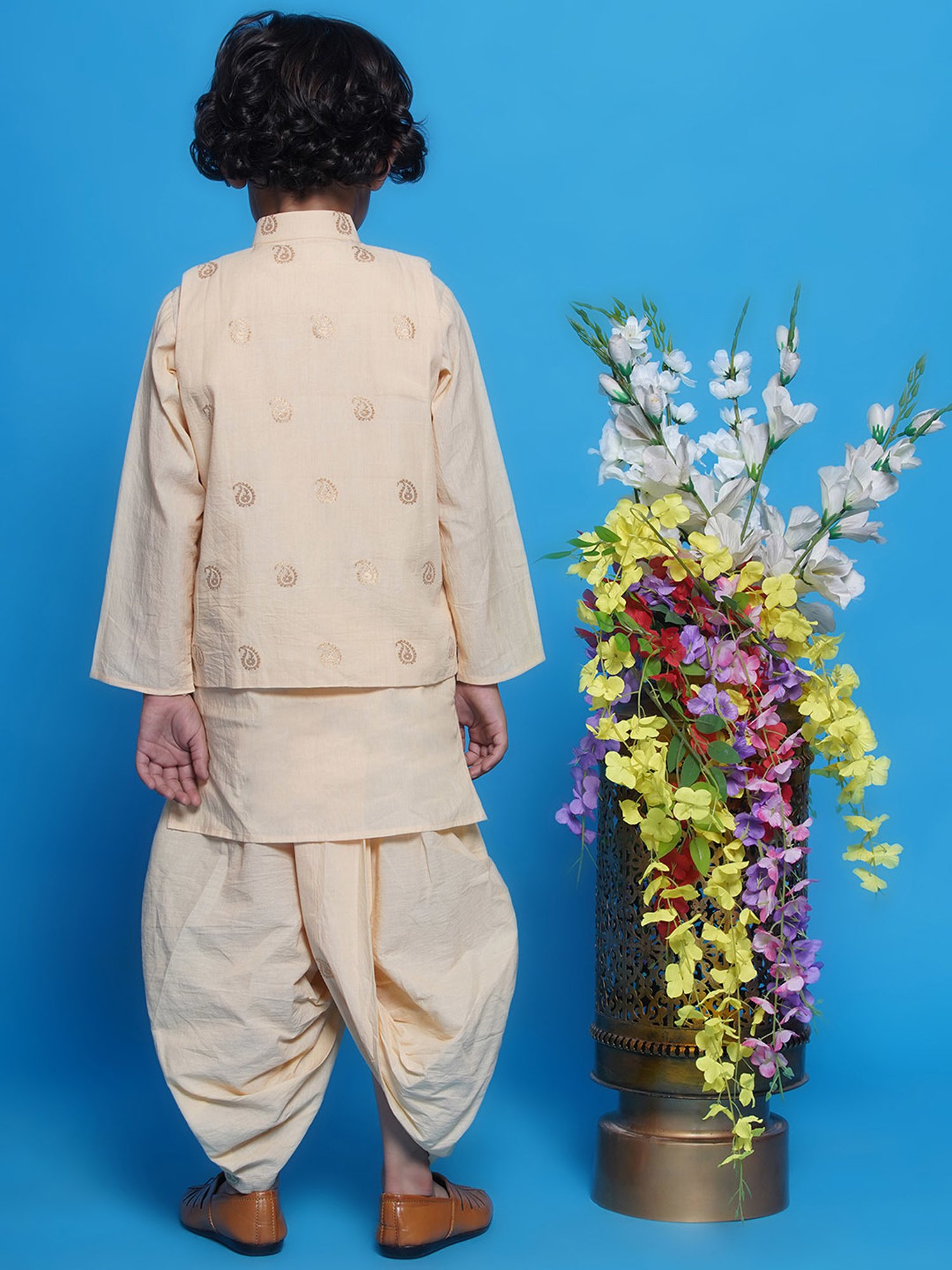 Little Bansi Boys Cream Self Design Full Sleeves Kurta, Dhoti with Jacket