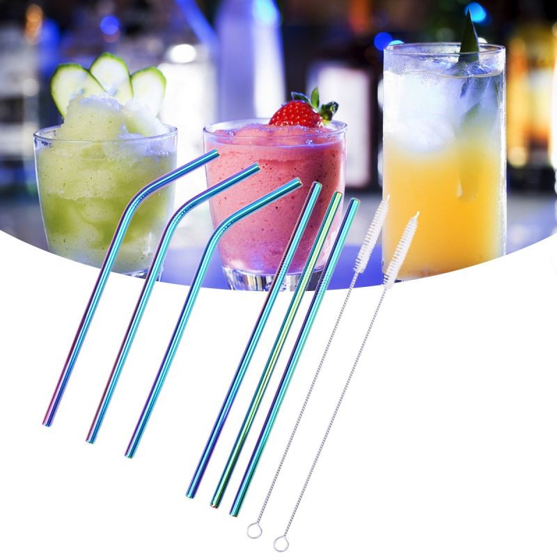 8 Pcs Stainless Steel Drinking Straws Reusable Curved & Straight Straws Set for Yeti 20oz(3 Pcs Thread Straight Staws, 3 Pcs Thread Curved Staws and 2 Brushes)