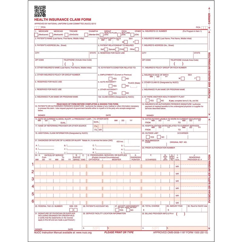 TFP CMS-1500 Health Insurance Claim Form; Laser-Cut Sheet 116719