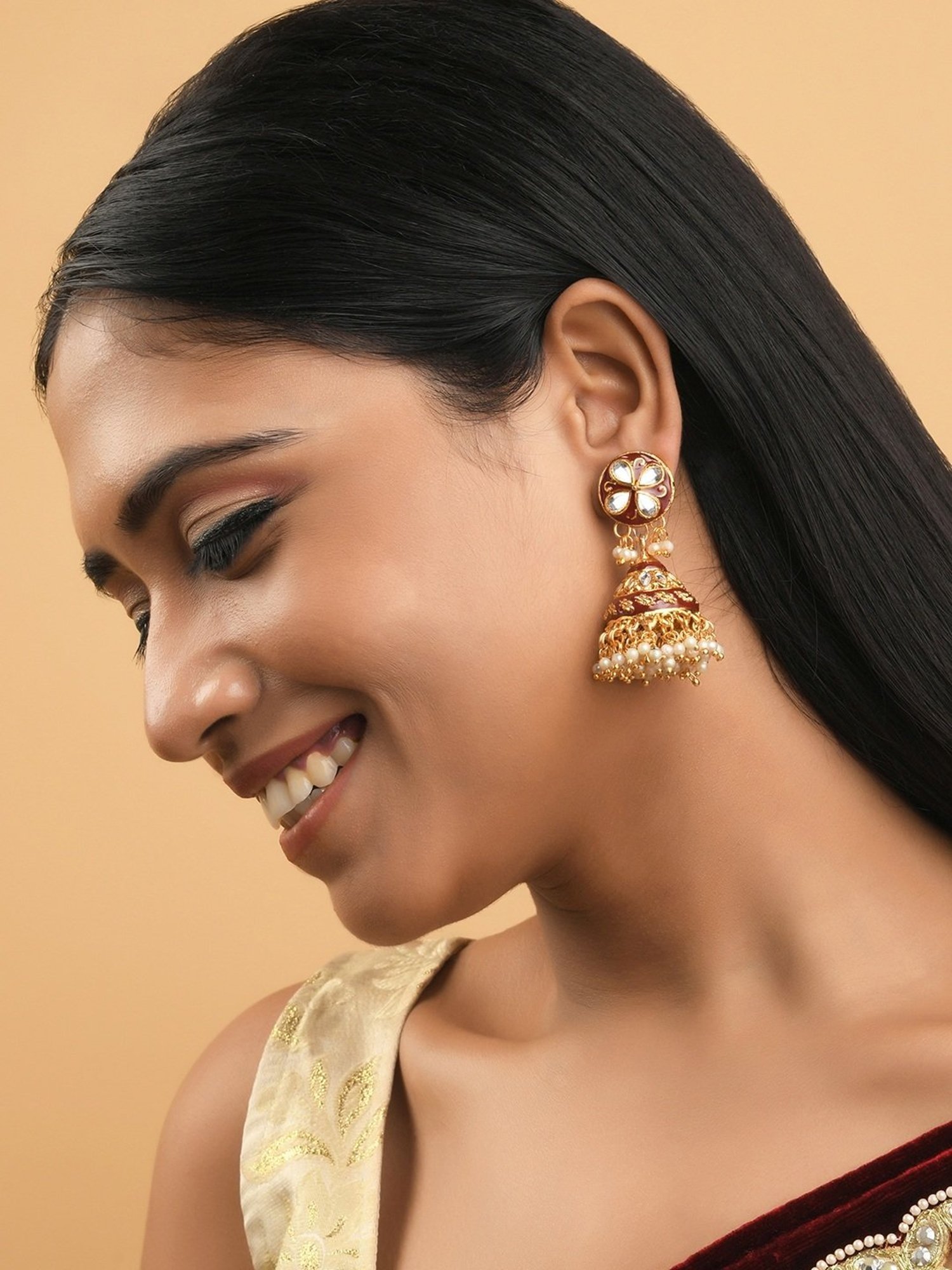 Fida Gold-Plated Maroon Enamel And Kundan Jhumki Earrings