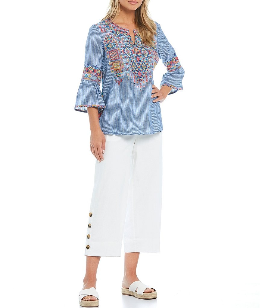 John Mark Embroidered Mixed Media Ruffle Back Tunic