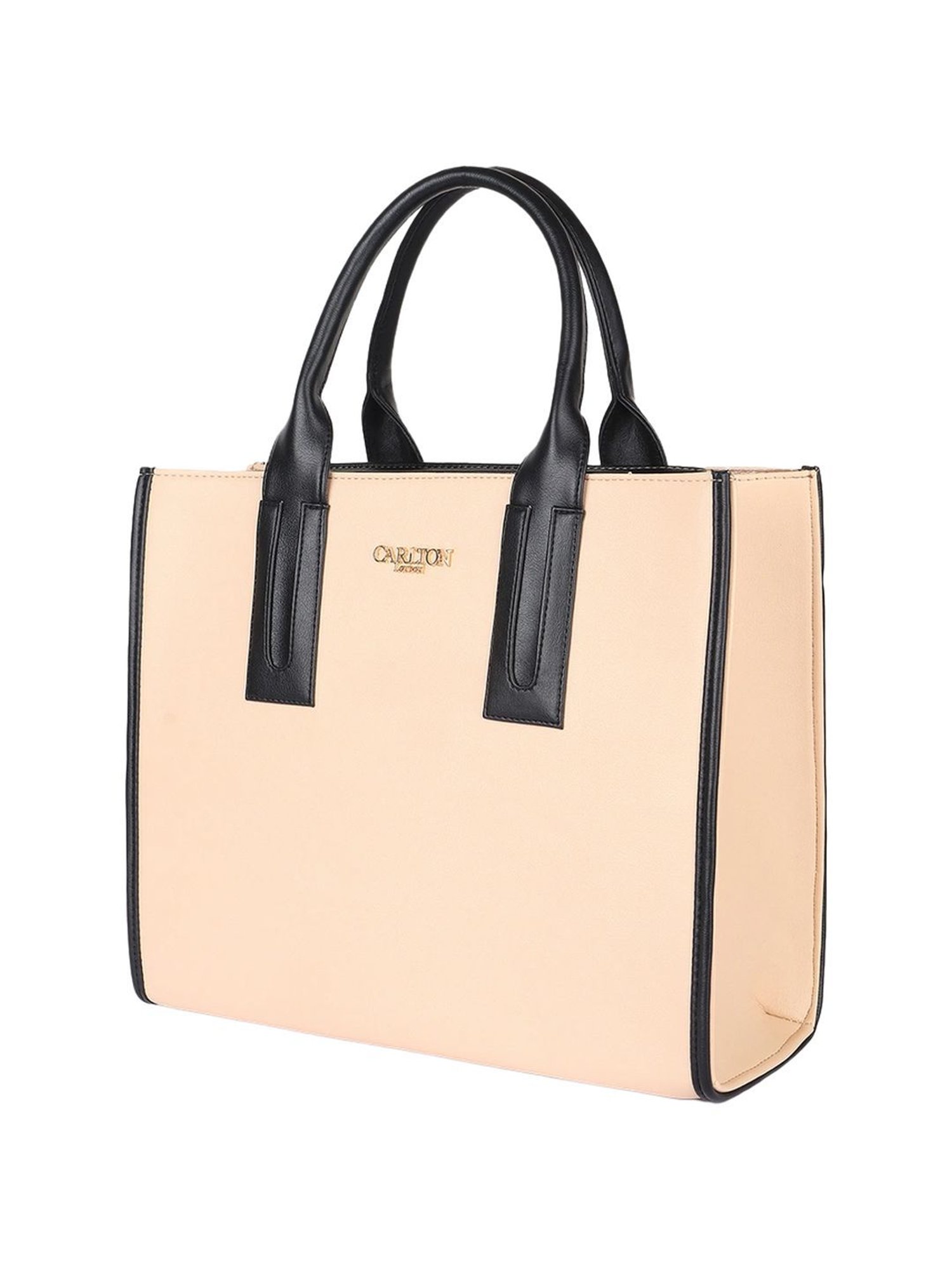 Carlton London Beige & Black Color Block Medium Handbag