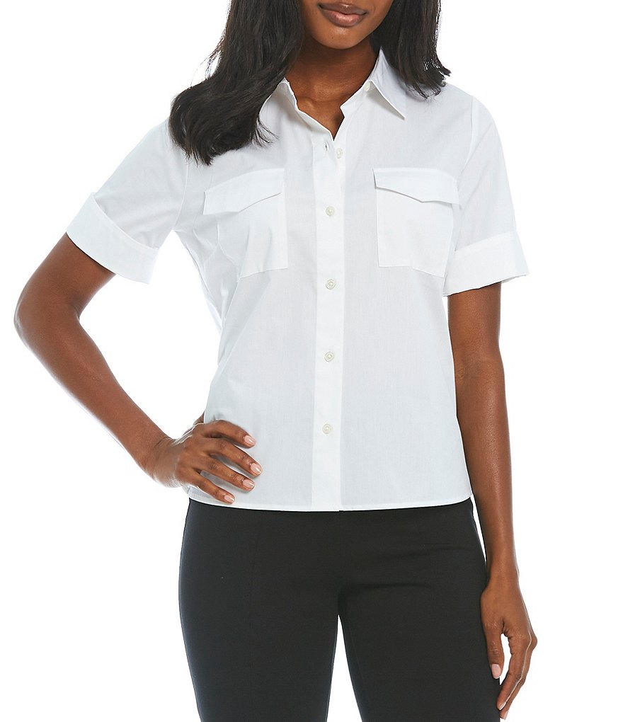 Donna Karan New York Short Cuff Sleeve Point Collar Neck Button Front Camp Shirt