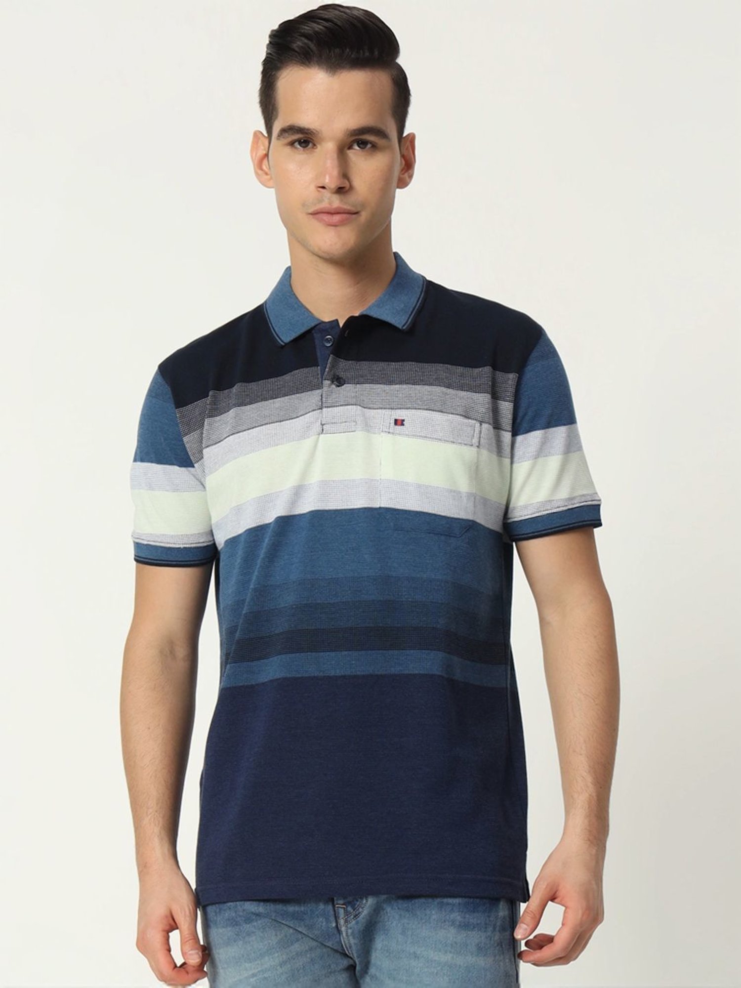 Tab91 Blue Regular Fit Striped Polo T-Shirts