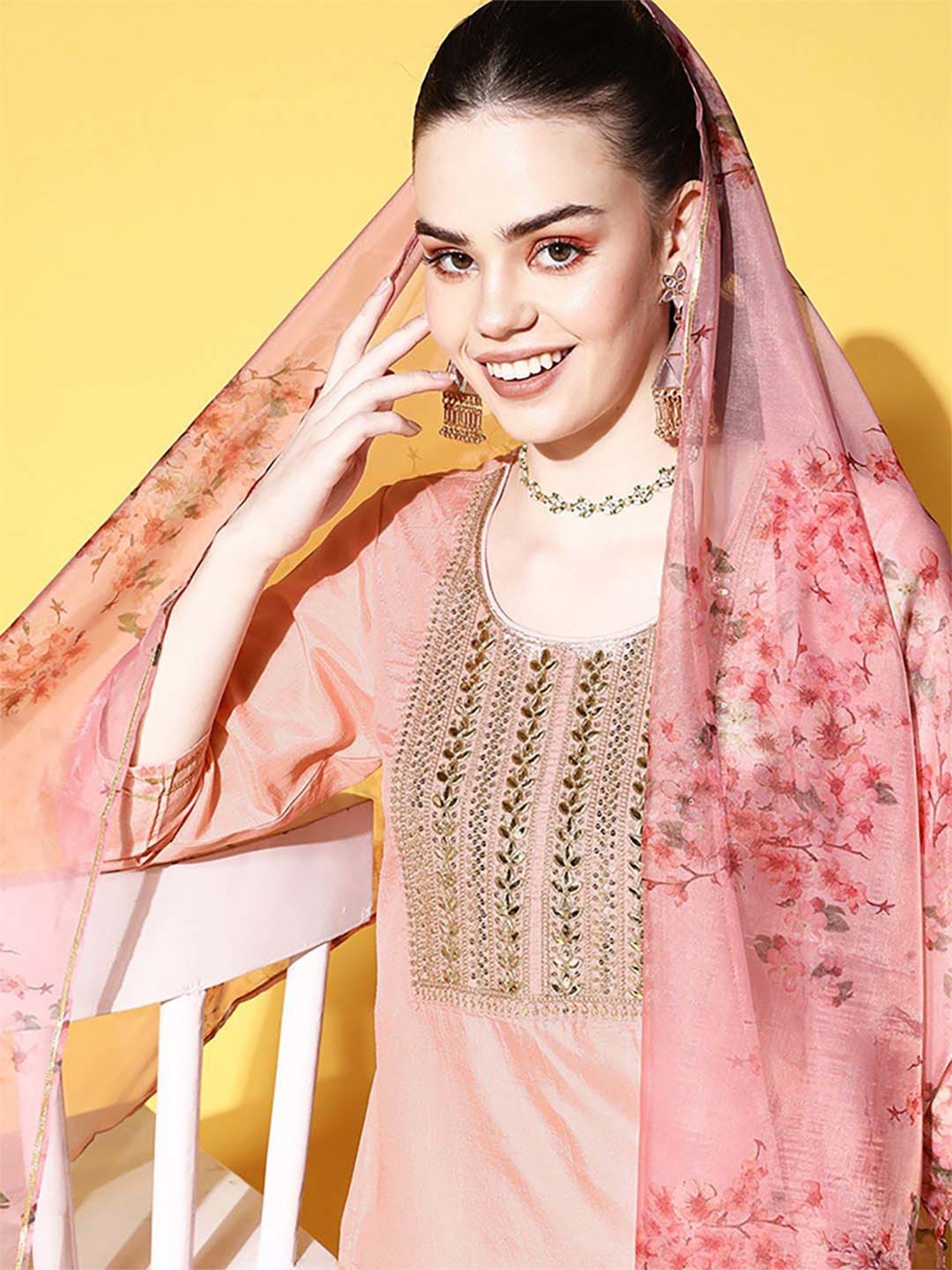 Ishin Peach Embellished Kurta & Pant Set With Dupatta