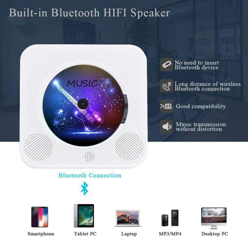 AONCO Portable CD Player, Bluetooth Wall Mountable CD Music Player Home Audio Boombox with Remote Control FM Radio Built-in HiFi Speakers, MP3 Headphone Jack AUX Input Output, White