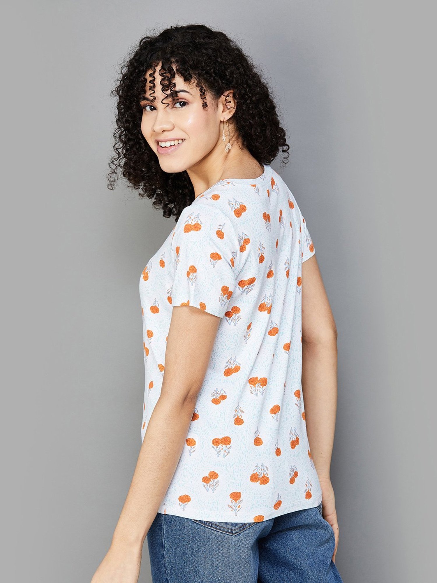 Colour Me by Melange White & Orange Floral Print T-Shirt