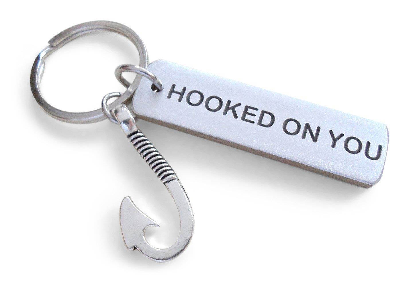 Hook Keychain With "Hooked On You" Engraved Aluminum Tag; Couples Keychain