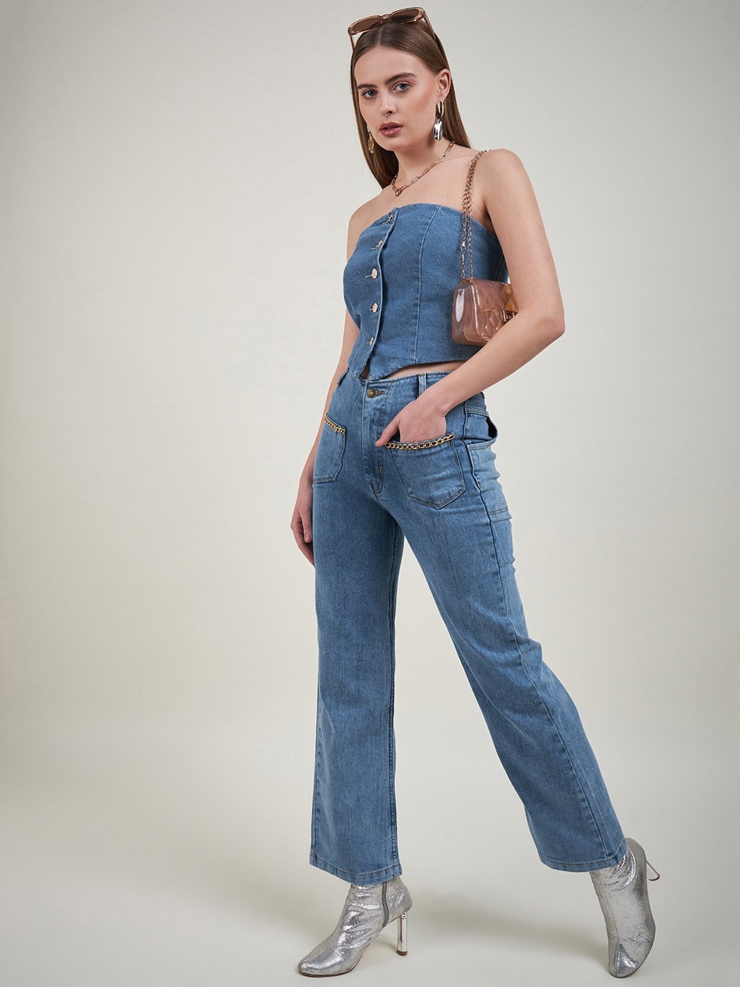 KASSUALLY Blue Denim Relaxed Fit Crop Top