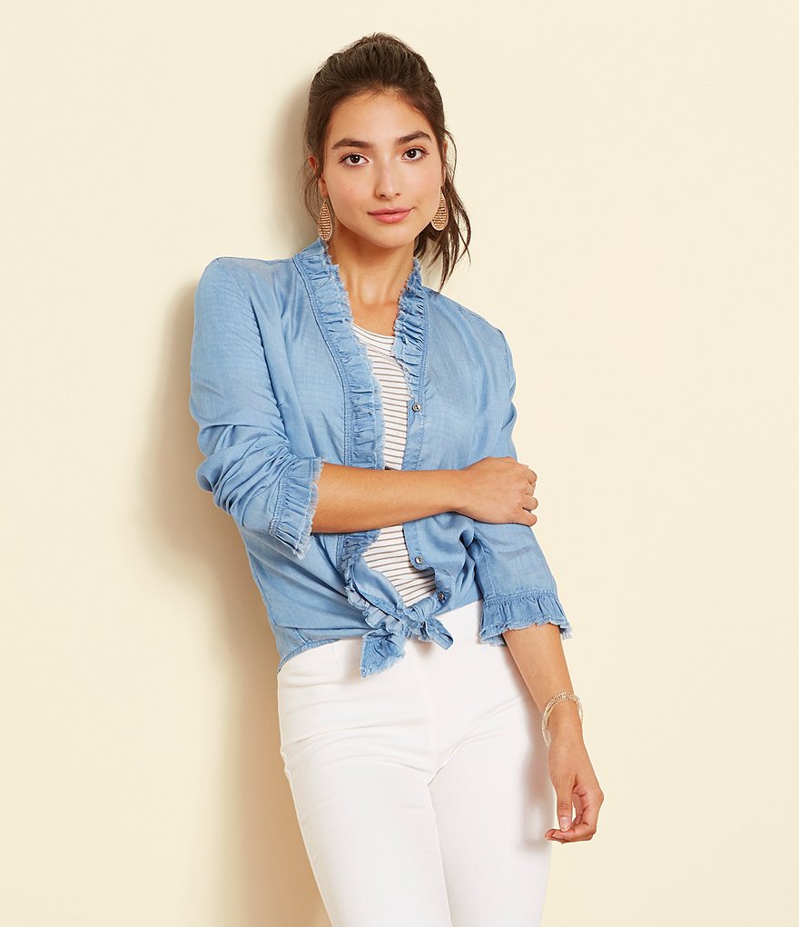 NIC + ZOE Woven Ruffled Up Denim Long Sleeve Stand Collar Shirt