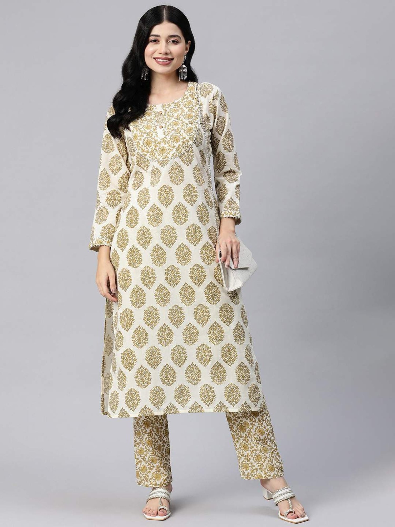 READIPRINT FASHIONS Beige Cotton Floral Print Kurta Pant Set