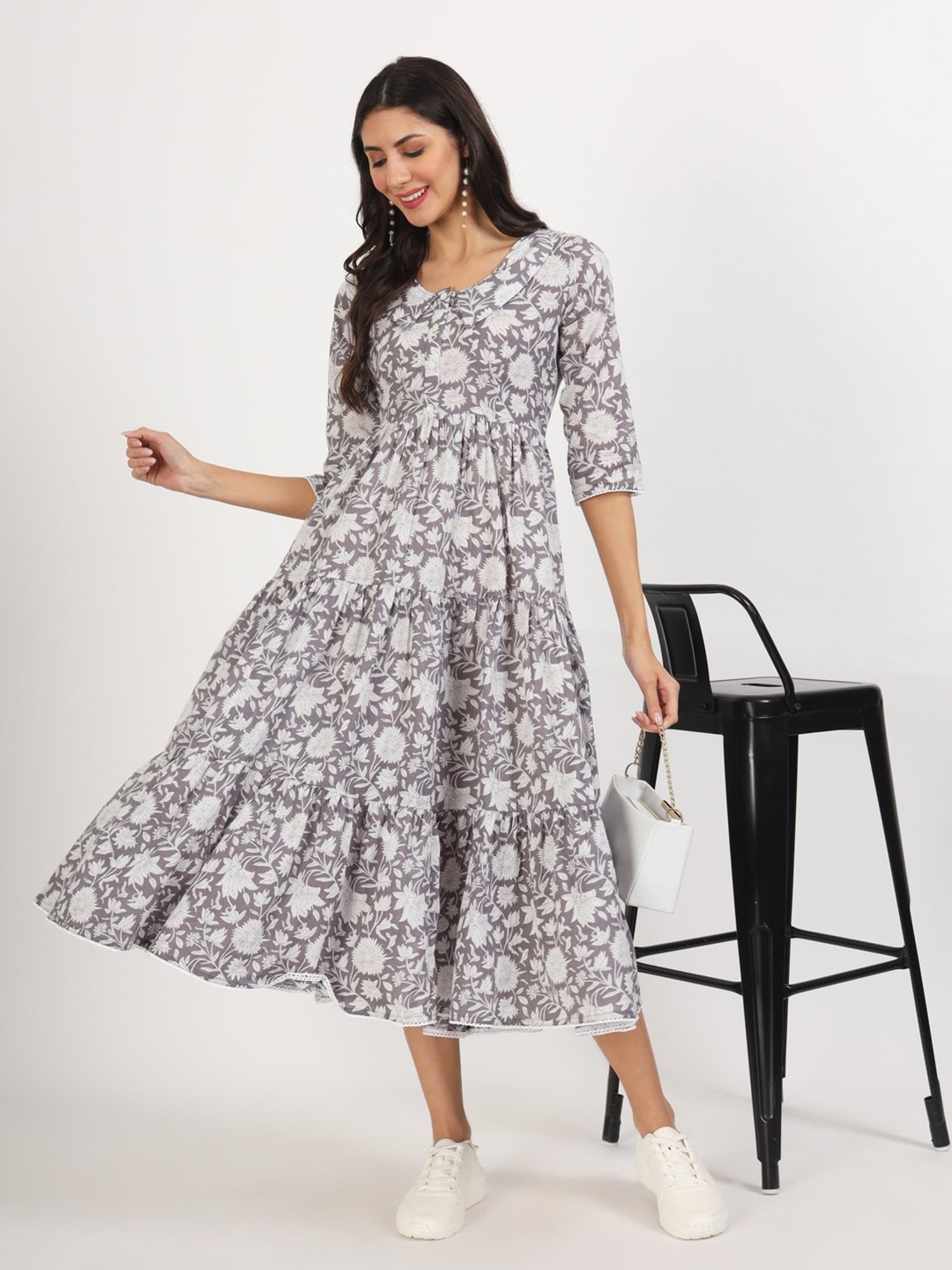 Divena Grey Floral Print Ethnic Dress