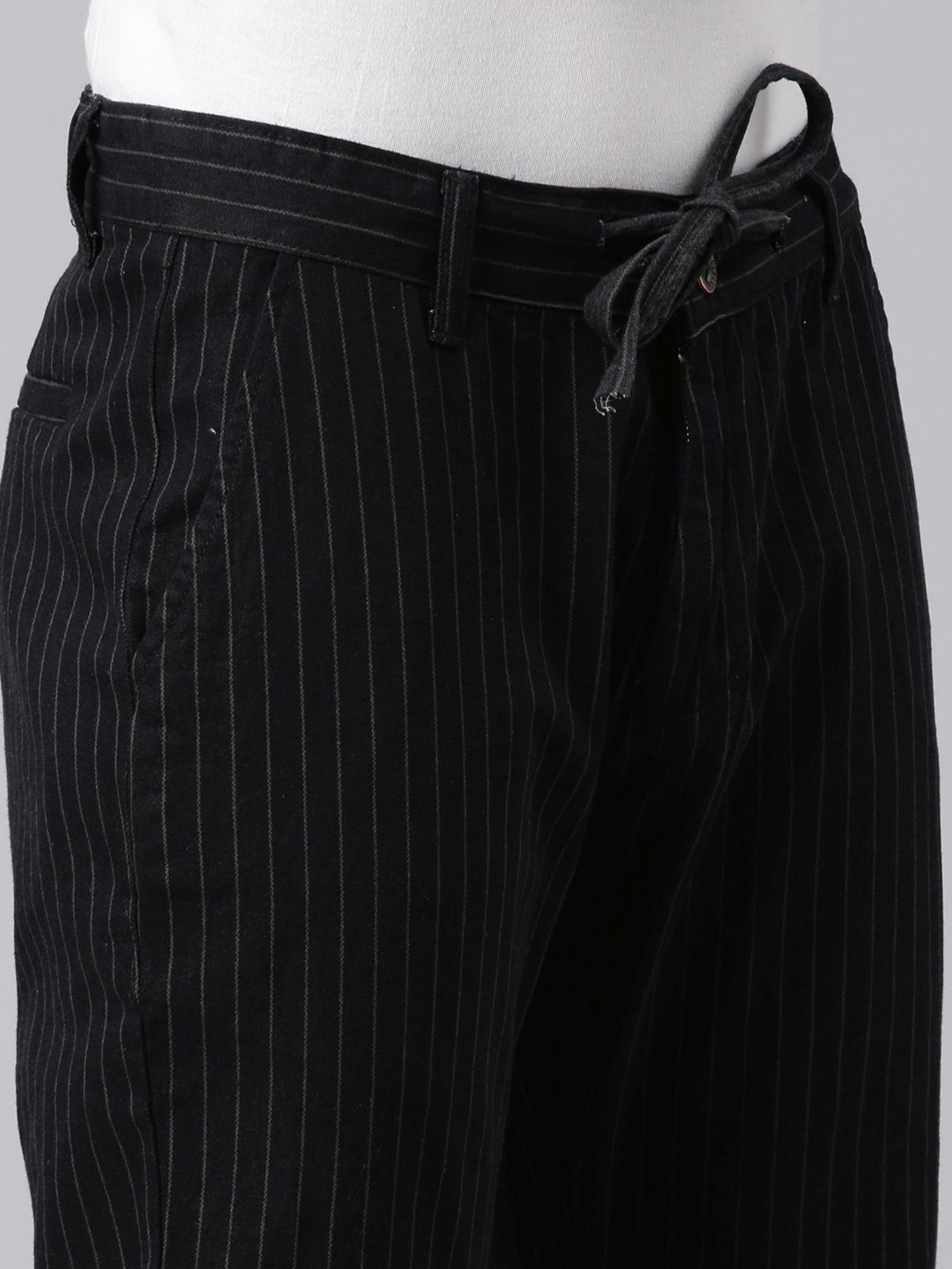 CINOCCI Black Cotton Straight Fit Striped Trousers