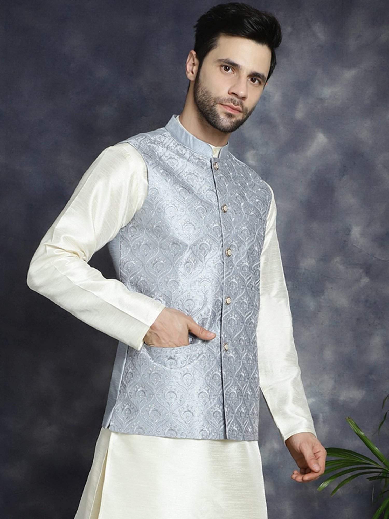 Jompers Grey Regular Fit Embellished Nehru Jacket