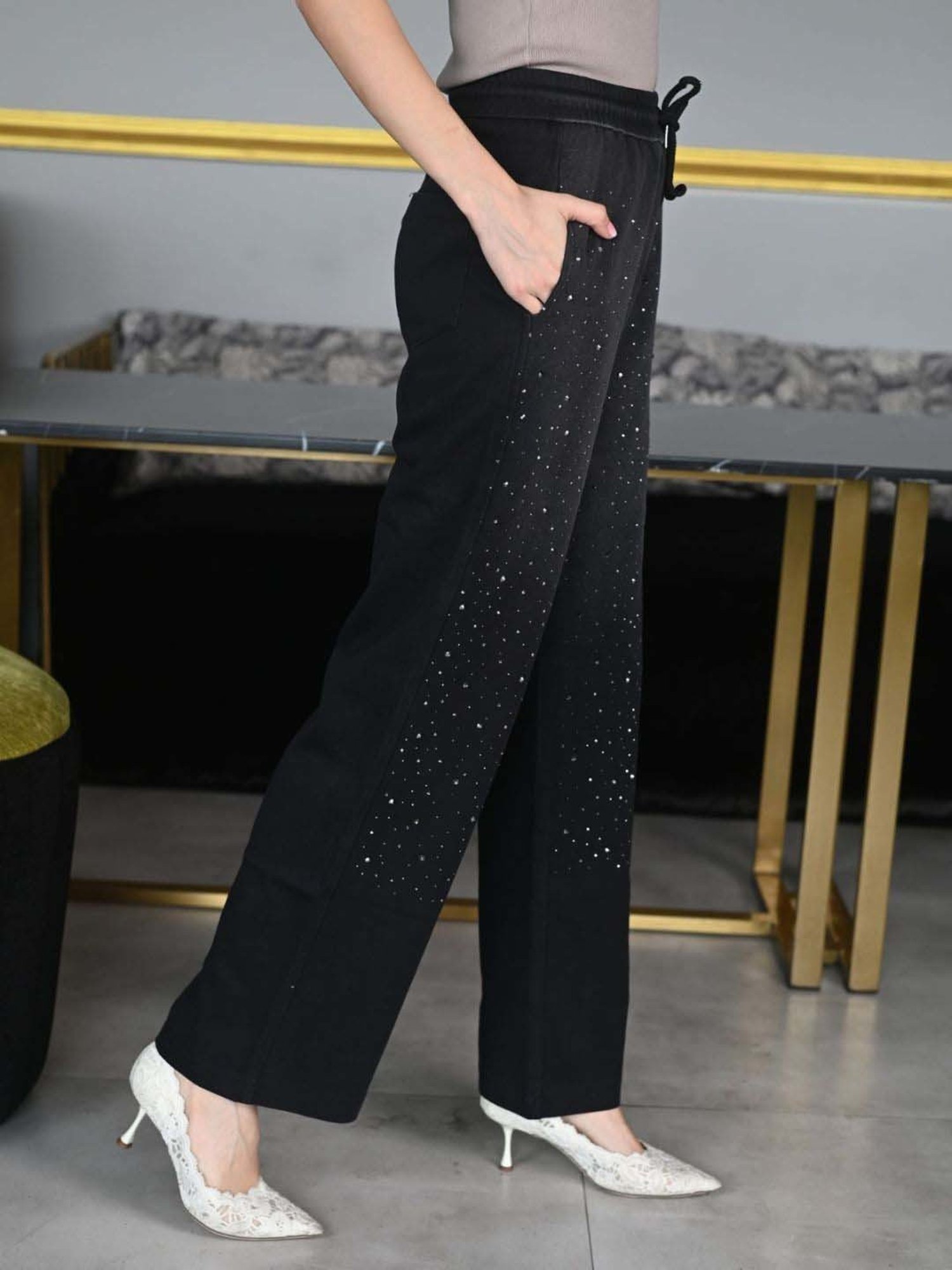 Odette Black Cotton Embellished Flared Pants