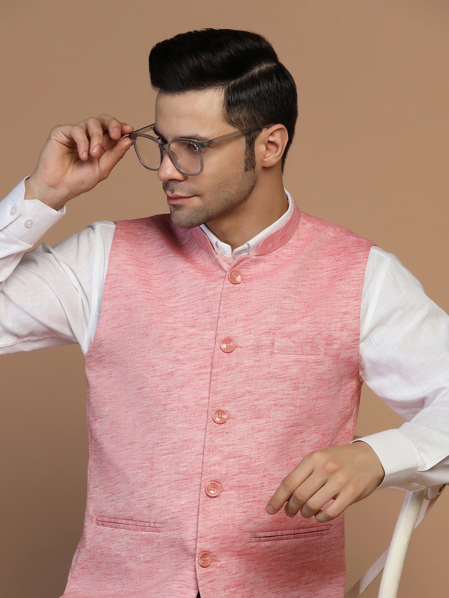 TAHVO Pink Melange Regular Fit Nehru Jacket
