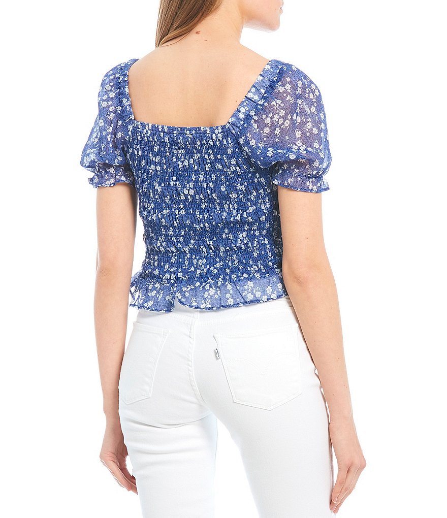 I.N. San Francisco Short Puff Sleeve Floral Print Smocked Crop Top