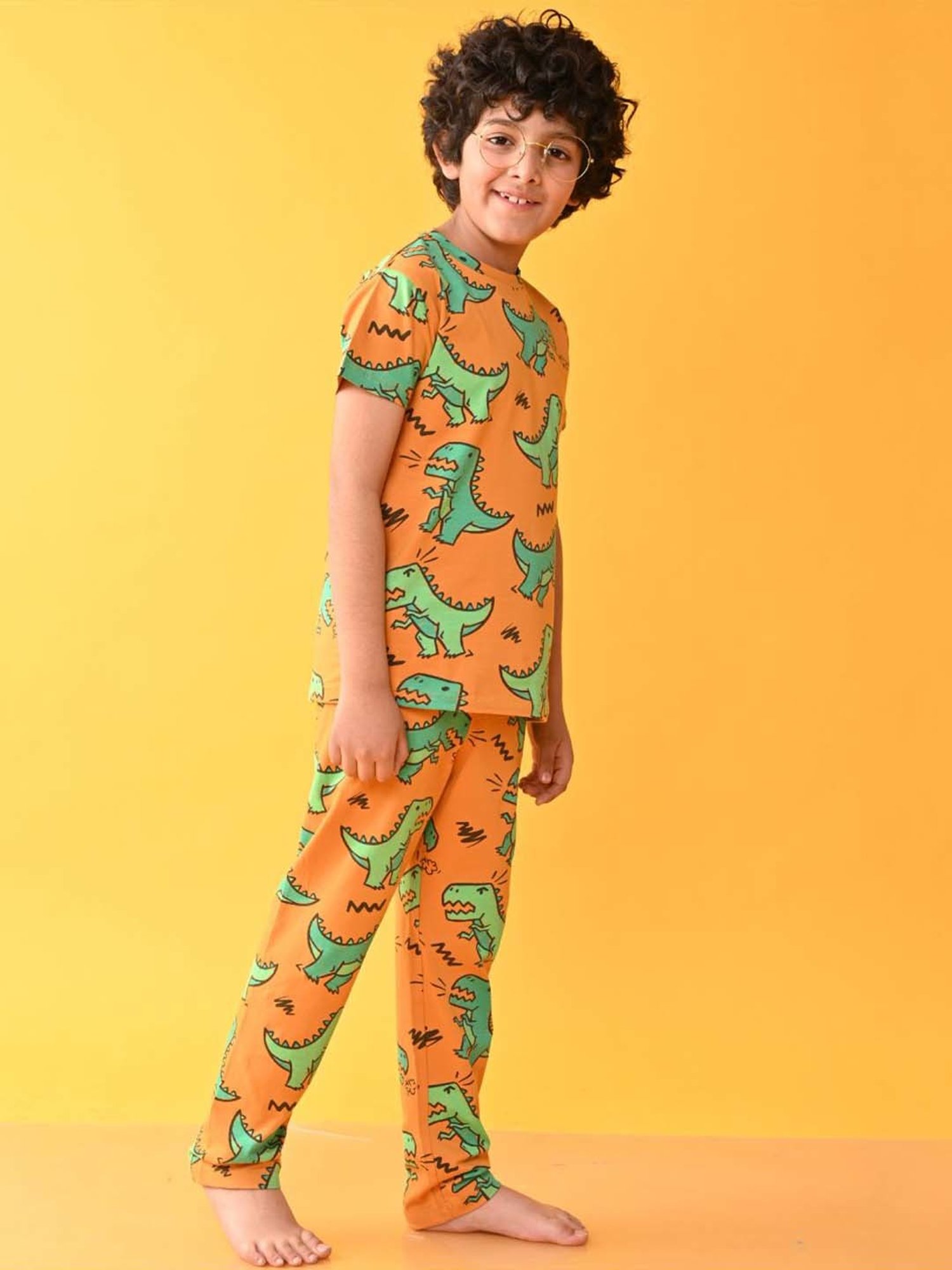 Anthrilo Kids Mustard Cotton Printed T-Shirt & Trouser