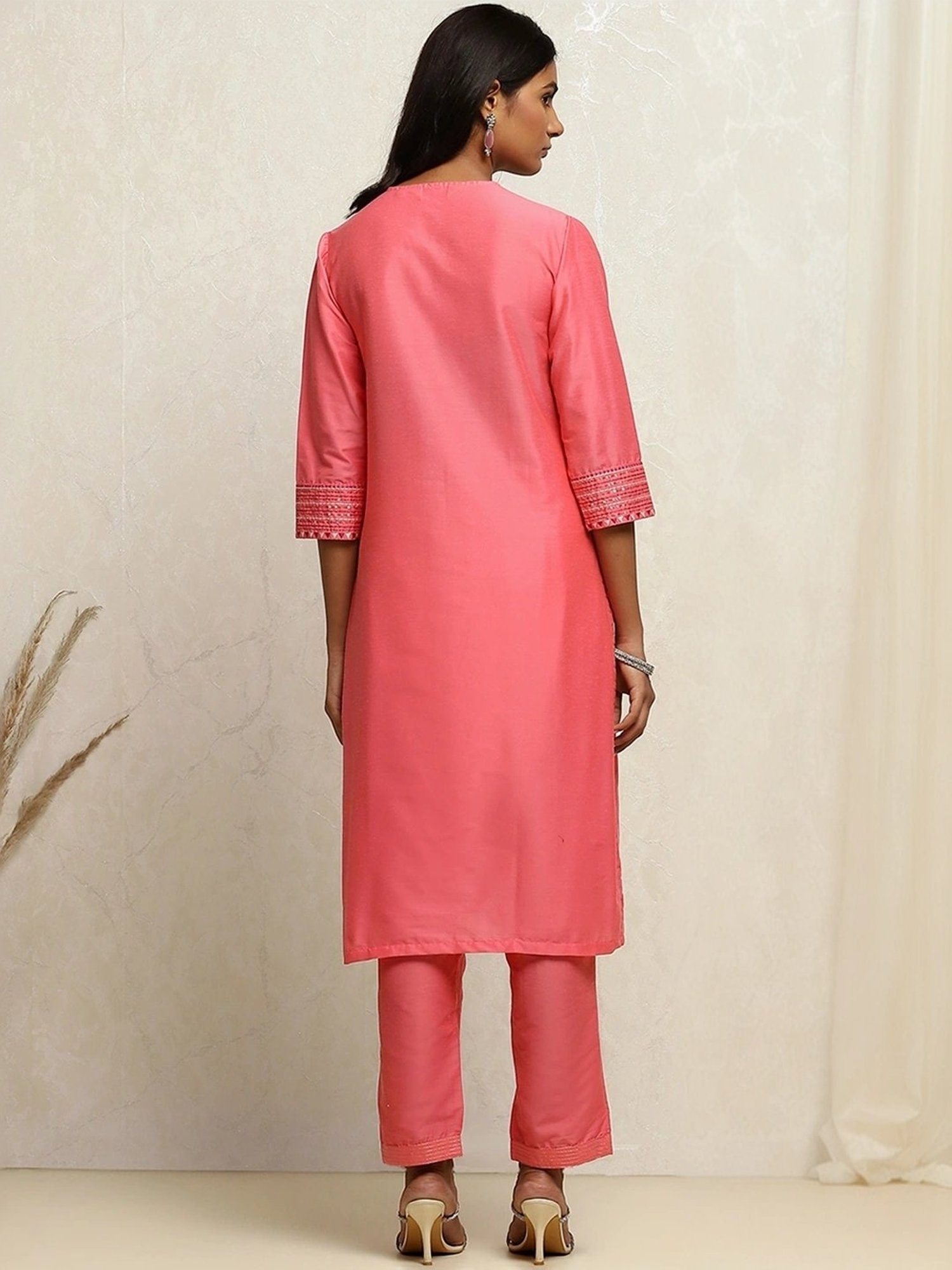 Biba Pink Embroidered Kurta Pant Set With Dupatta