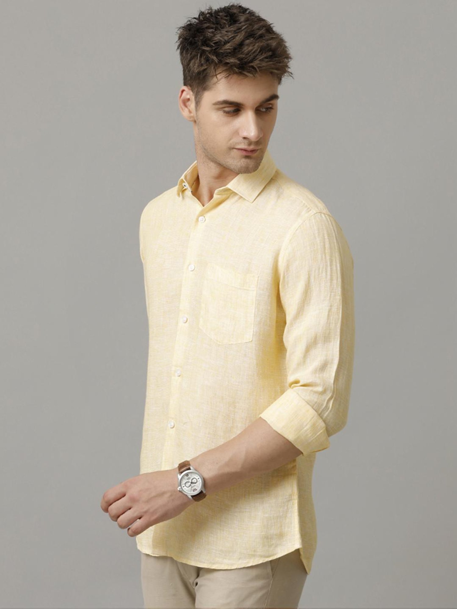Linen Club Yellow Linen Contemporary Fit Shirt